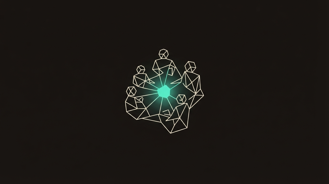 Abstract illustration of geometric figures collaborating around a shared node