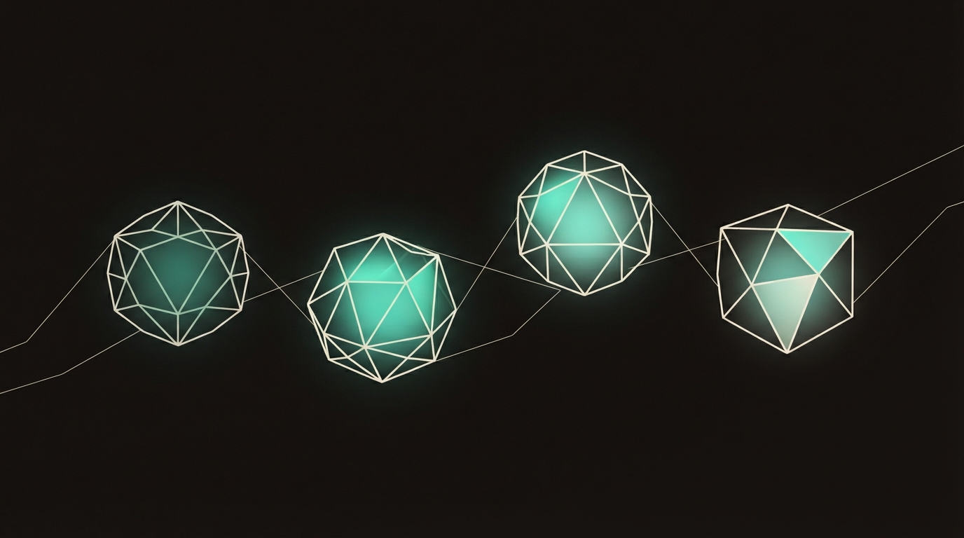 Abstract illustration of four glowing geometric cores connected in a row, representing different AI models