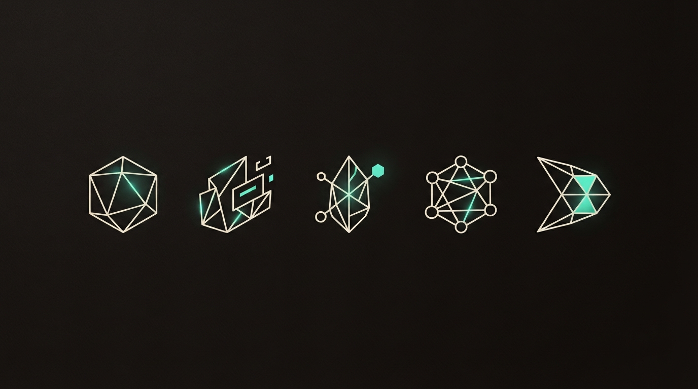 Abstract illustration of five distinct geometric app icons in a row