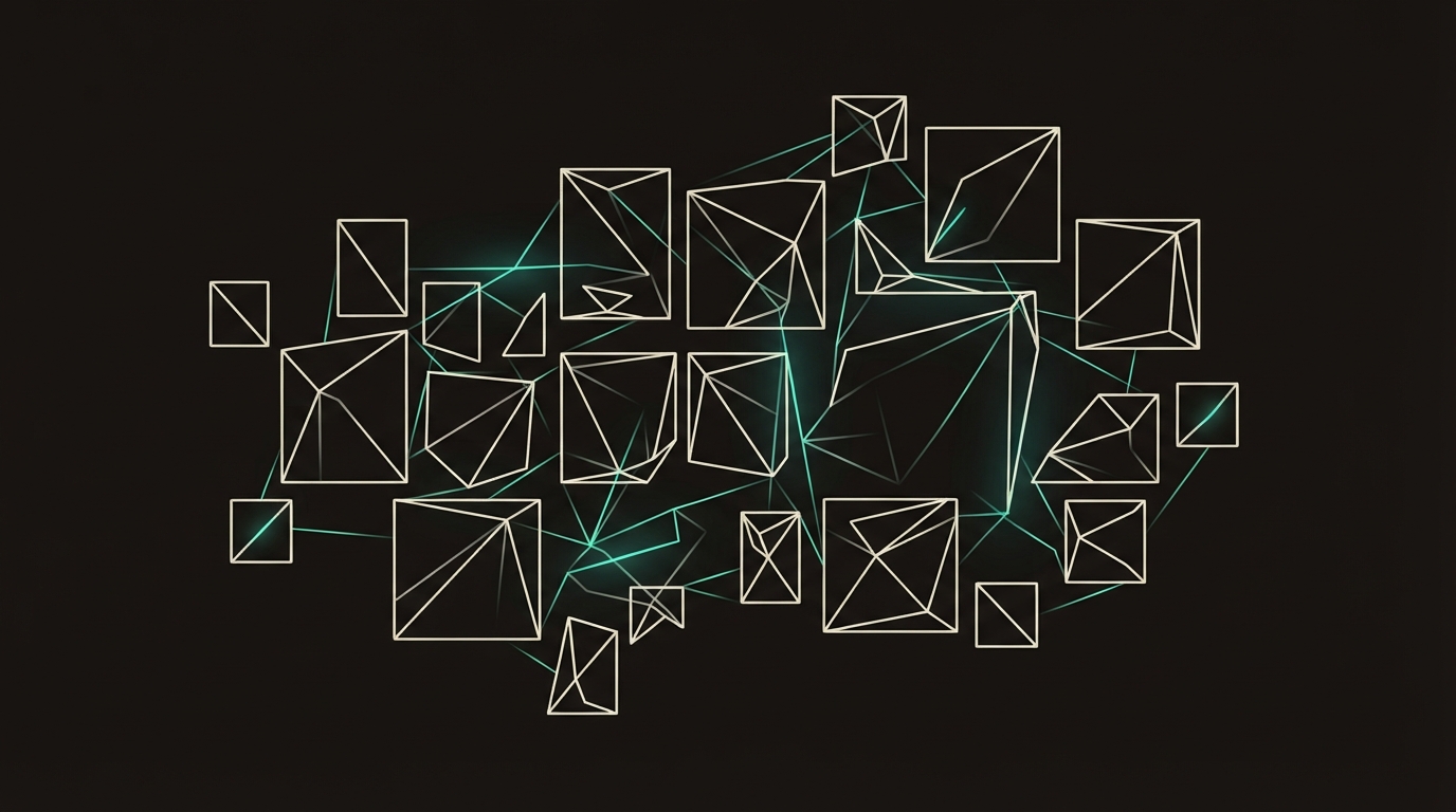 Abstract illustration of a grid of app tiles connected by translation lines