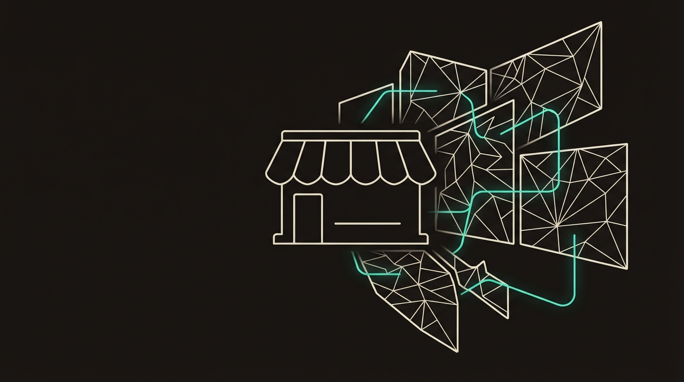 Abstract illustration of a storefront shape unfolding into several regional panels connected by glowing lines