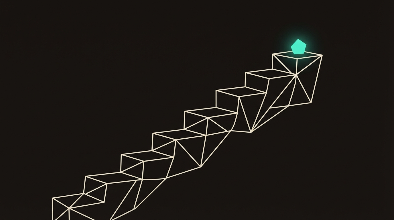 Abstract staircase of geometric blocks rising toward a glowing teal goal marker