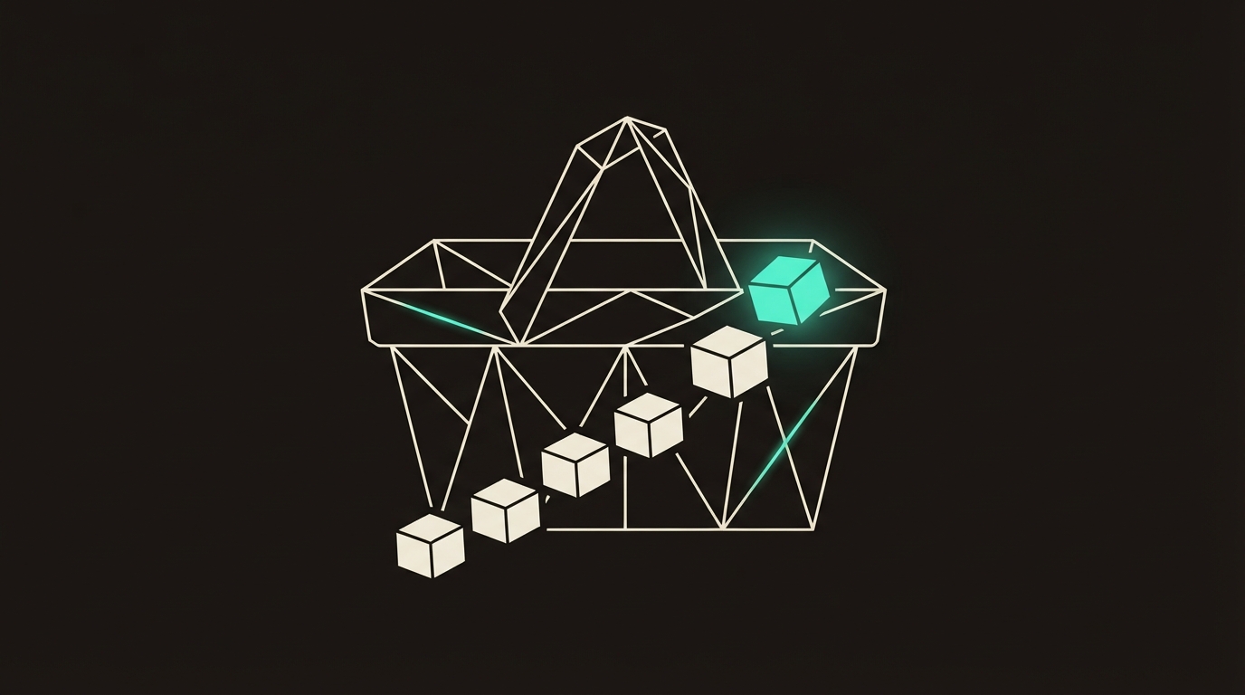 Abstract line-art shopping basket with blocks stepping up into it, the last one glowing teal