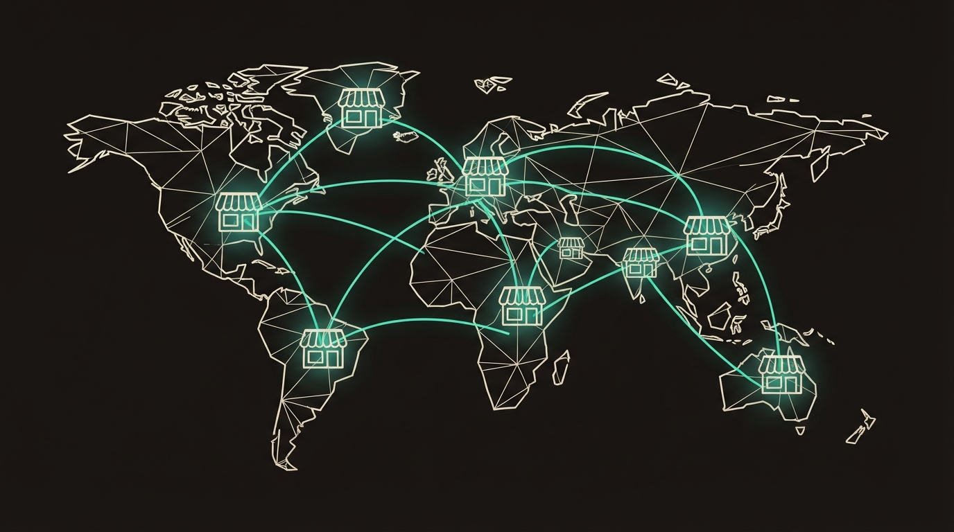 Abstract illustration of a world map with glowing trade routes connecting storefronts across continents