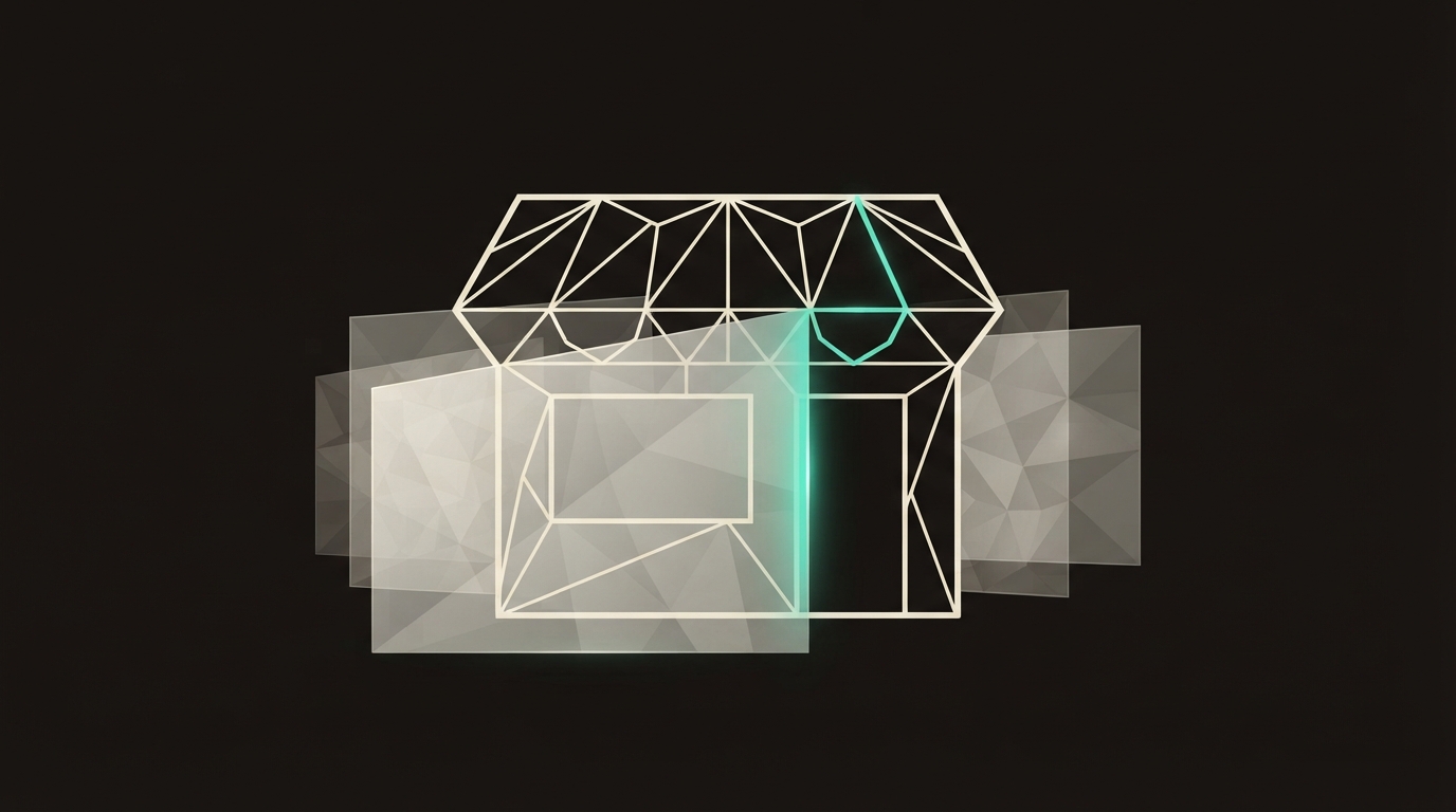 Abstract illustration of a storefront with layered translation panels