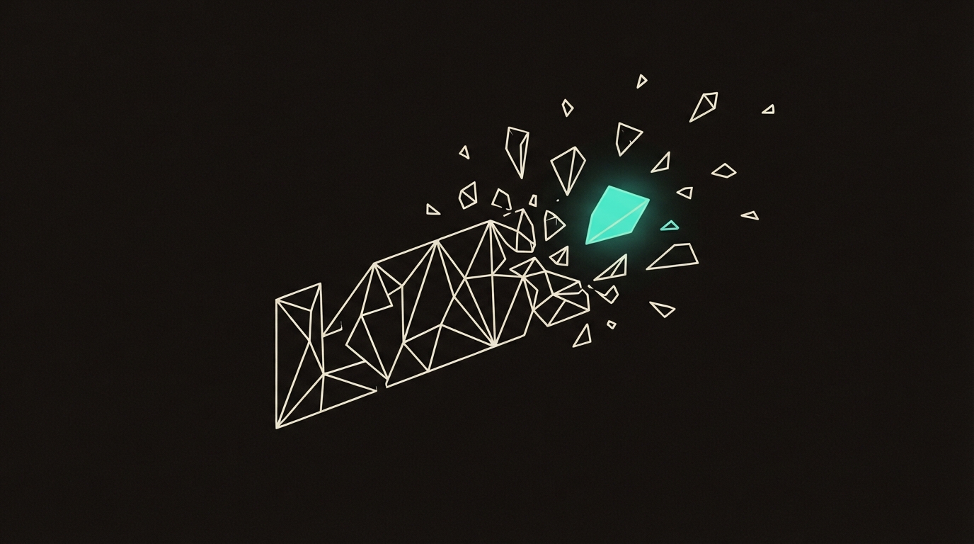 Abstract illustration of a geometric wordmark fracturing into scattered fragments